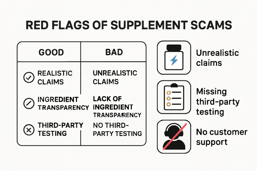 Infographic showing how to spot supplement scams for men's health