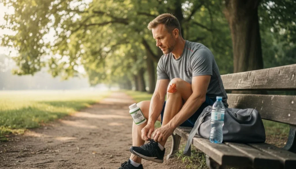 Ultra Bann Man in his 40s tying his running shoes on a park bench before a workout