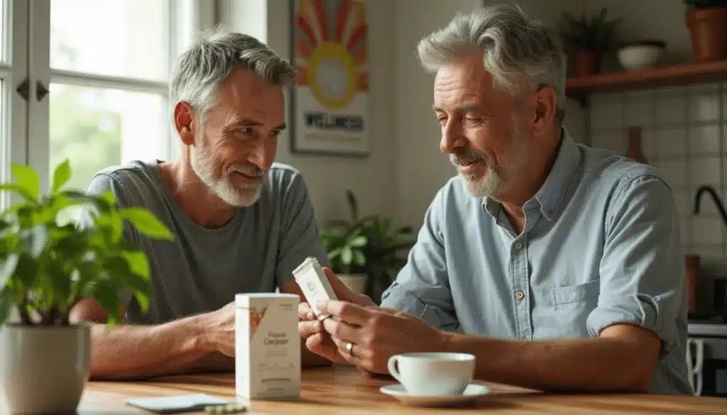 Ultra Bann Two men discuss herbal blends over coffee with branded supplement box visible