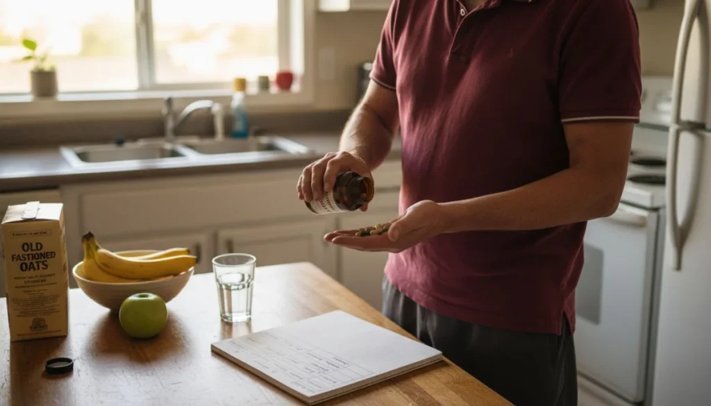Ultra Bann Man preparing natural supplements at kitchen table