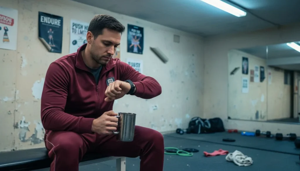 Ultra Bann Male athlete in gym with coffee mug