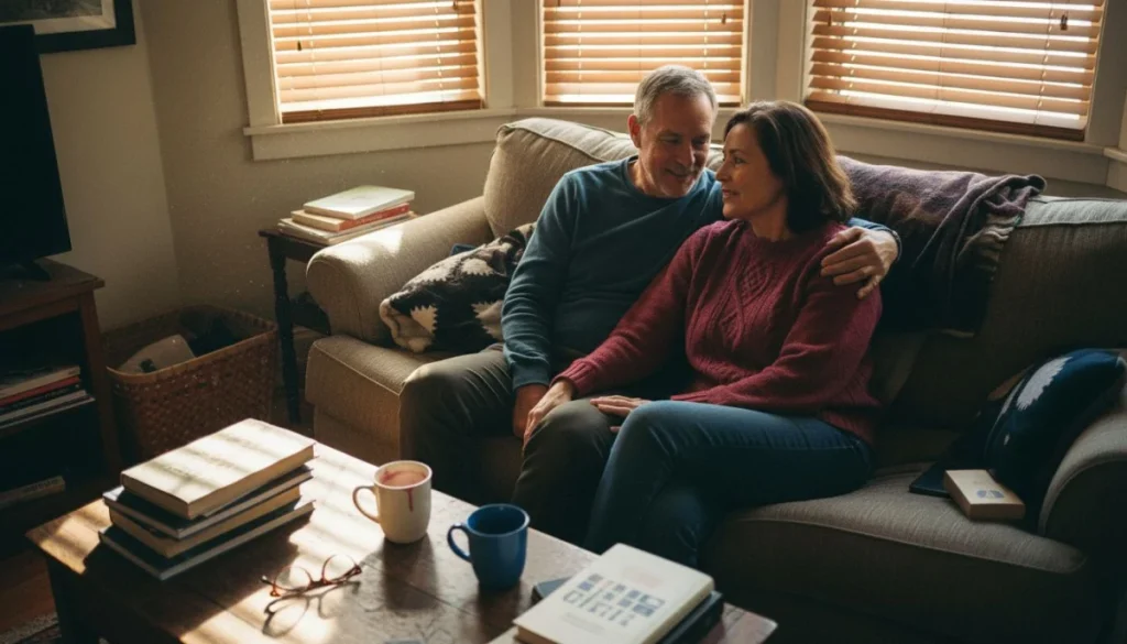Ultra Bann Couple talking on sofa in lived-in room