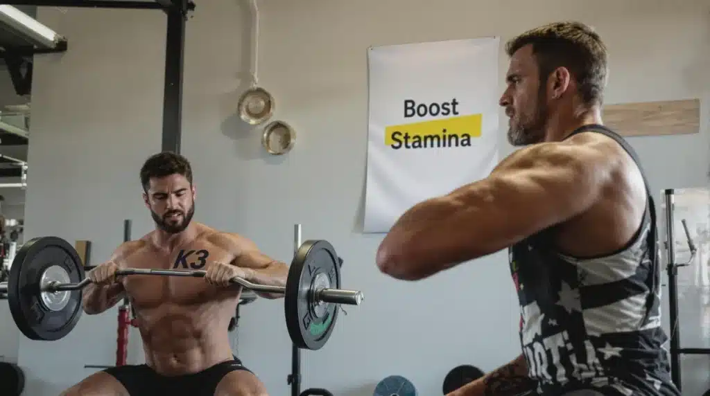 Ultra Bann Men exercising in gym with 'Boost Stamina' sign