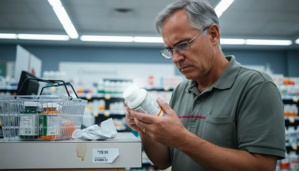 Ultra Bann Man inspecting supplement label at pharmacy