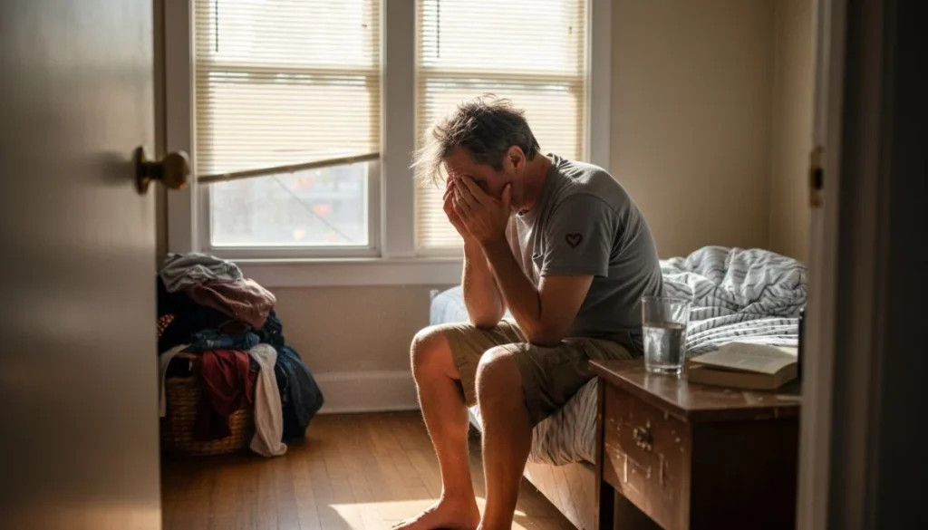 Ultra Bann Man checking water glass in bedroom