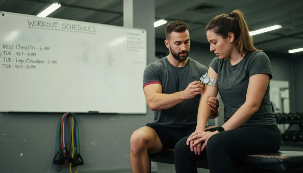 Ultra Bann Trainer demonstrating fat measurement with calipers