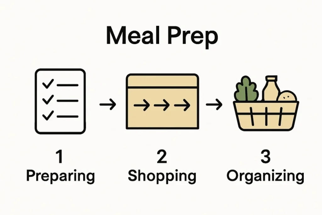 Ultra Bann Infographic showing shopping list, grocery store perimeter, and home organization steps for meal prep