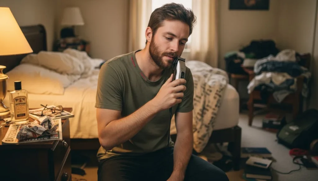 Ultra Bann Man trims beard with tools in lived-in bedroom
