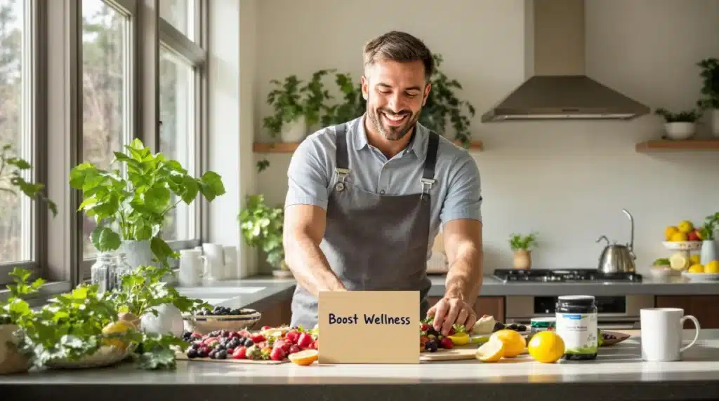 Man in kitchen with antioxidant-rich foods for wellness