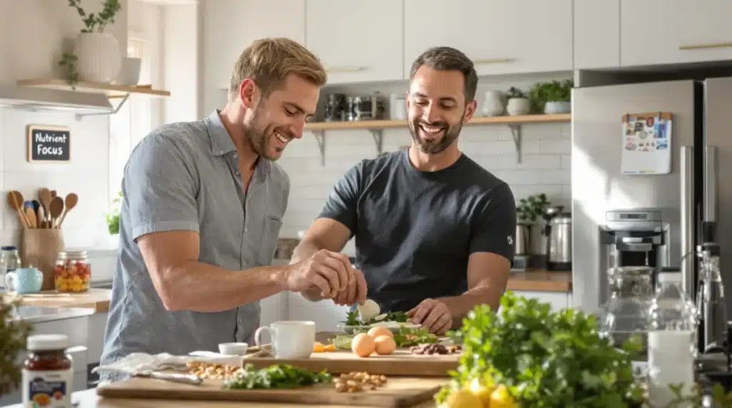 Man prepares healthy breakfast with multivitamins and nutrient-rich foods