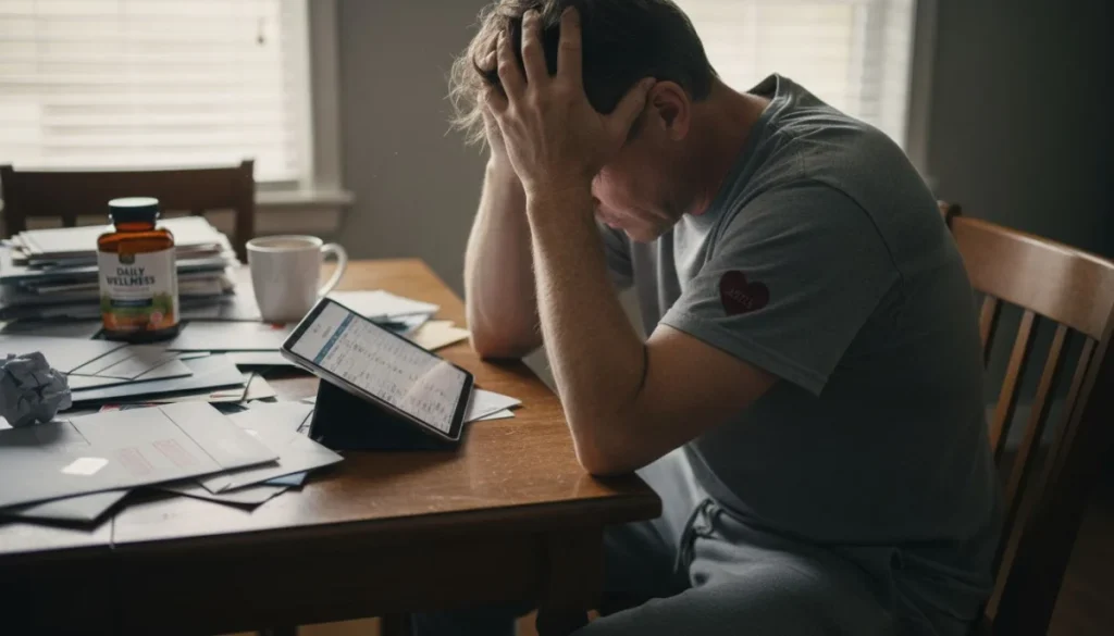 Ultra Bann Man experiencing fatigue at kitchen table