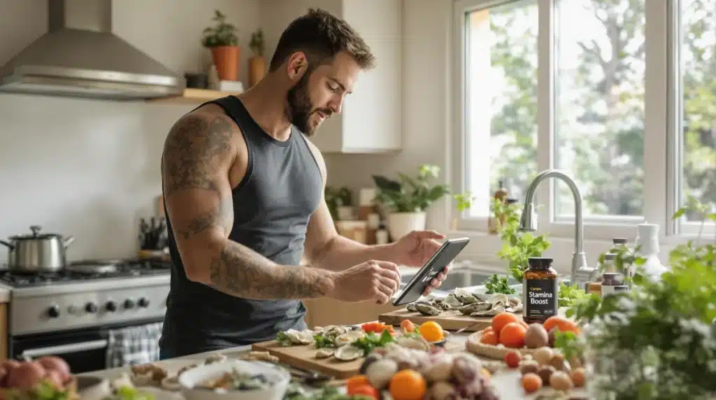 Ultra Bann Healthy athletic man preparing oysters, greens, and supplements for vitality