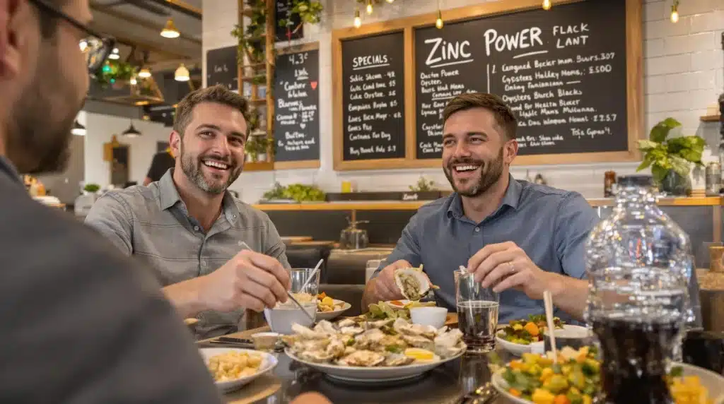 Ultra Bann Men sharing oysters at restaurant, specials board highlights zinc benefits