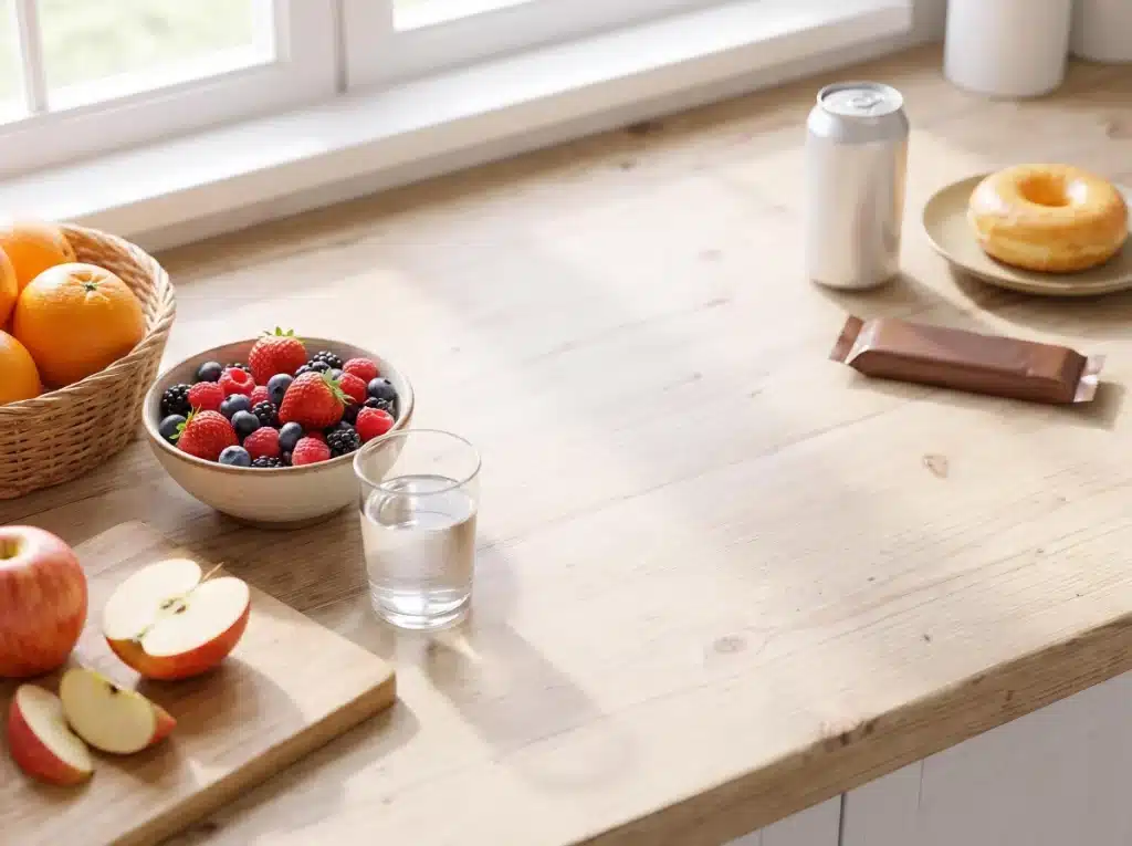 Ultra Bann Whole fruit and water next to sugary snacks and soda, showing natural versus added sugar