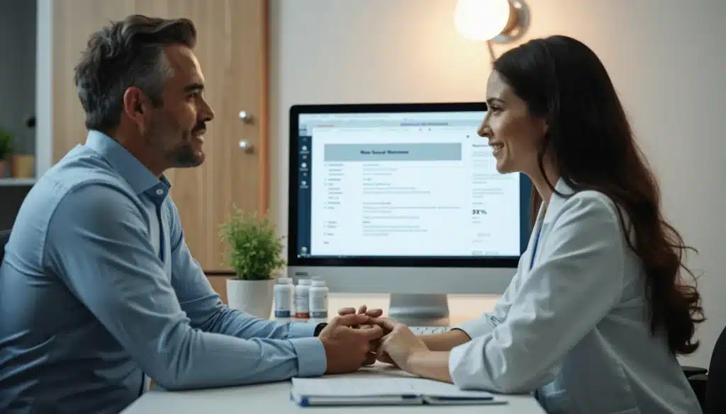 Ultra Bann Doctor and patient discuss supplement efficacy at clinic desk