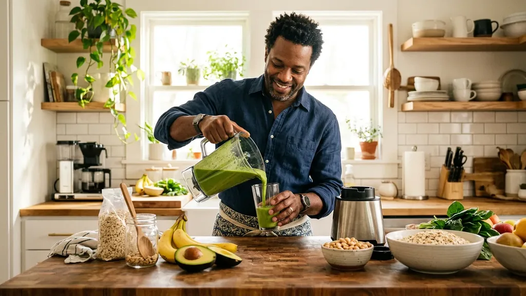 Black man pouring a green protein smoothie in a bright kitchen with banana, avocado and oats
