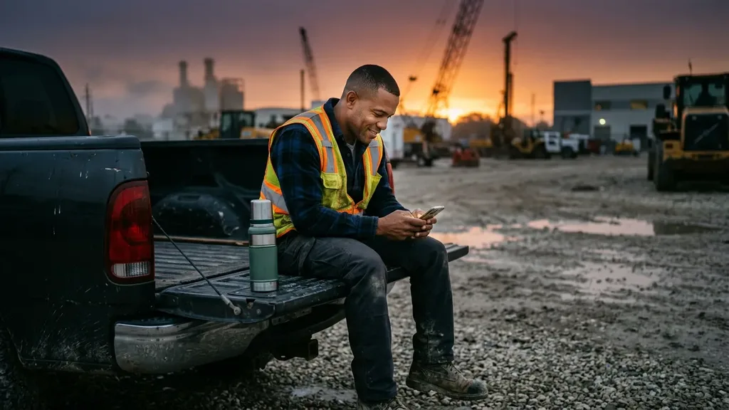 Haitian-American worker in a safety vest on a pickup tailgate at sunrise reading a daily affirmation on his phone