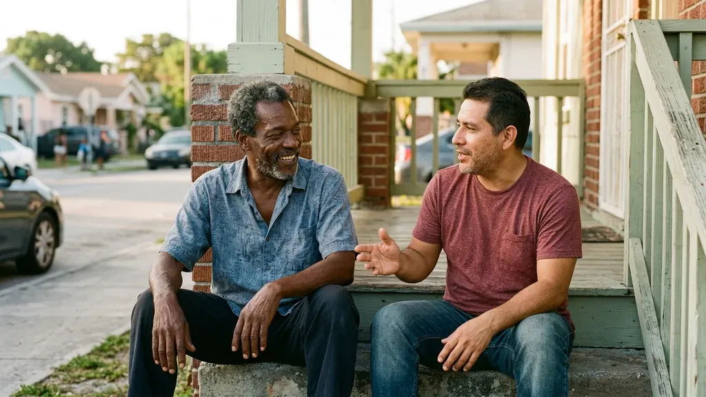 Haitian and Latino men talking openly on a front porch step in the late afternoon