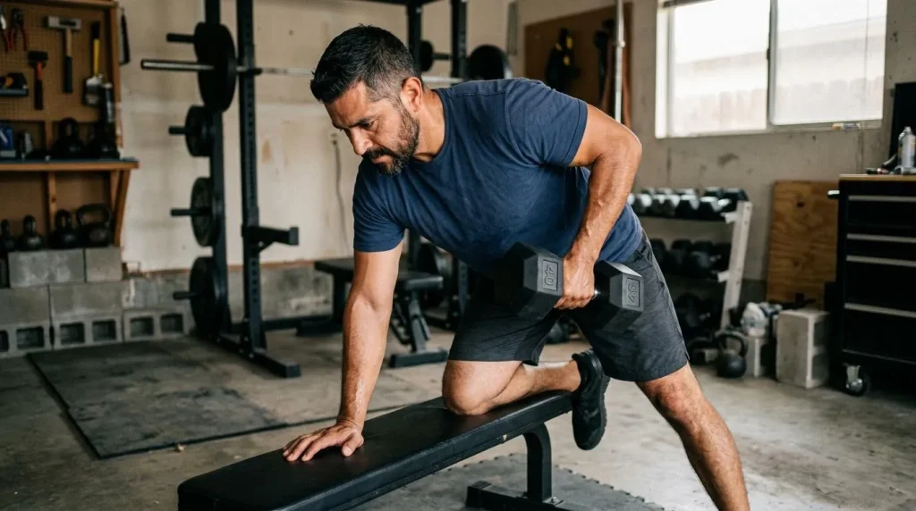 Ultra Bann Hombre haciendo remo con mancuerna para entrenar la fuerza