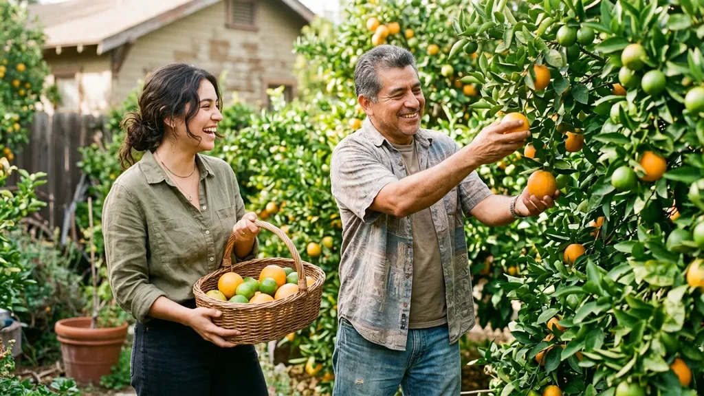 Latino father and daughter picking oranges and limes in a backyard citrus garden